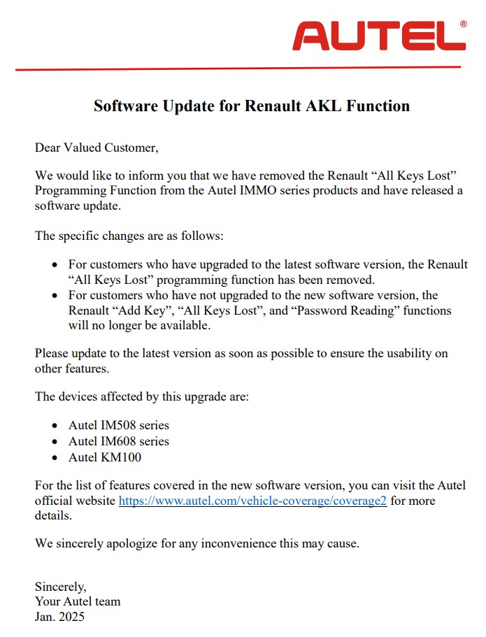 Autel: The Renault "All Keys Lost" feature has been removed.